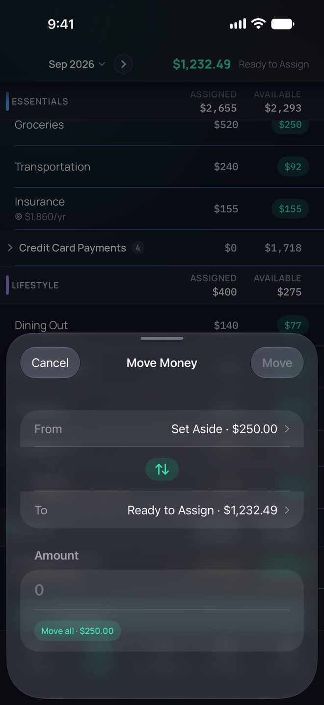 Move Money from Set Aside, $250.00, to Ready to Assign, $1,232.49, with Move all $250.00.