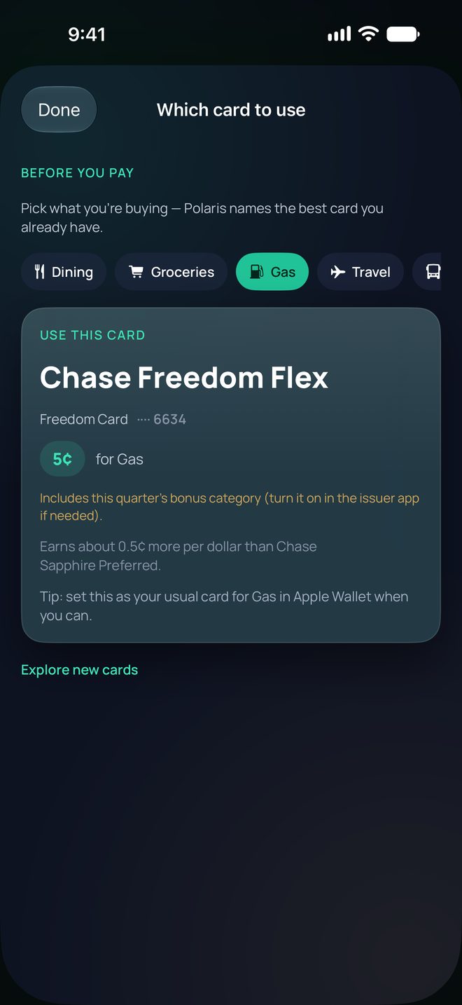 Which card to use, before you pay, with Gas selected. Your Freedom Card, ending 6634, earns 5¢ per dollar on Gas with this quarter’s bonus, about 0.5¢ more per dollar than your next-best card, the Sapphire Card.