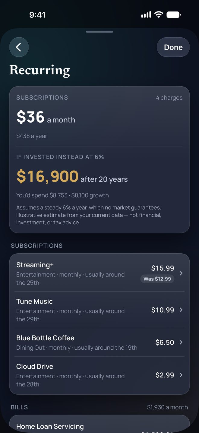 Recurring on iPhone: subscriptions of $36 a month ($438 a year) across 4 charges. Streaming+ is $15.99, up from $12.99, then Tune Music, Blue Bottle Coffee and Cloud Drive. Bills, $1,930 a month, start below.