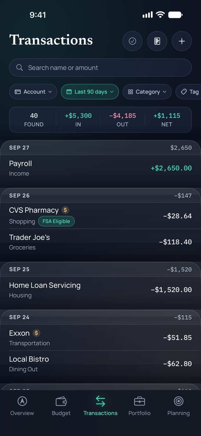 Transactions on iPhone, last 90 days: 40 found, $5,300 in and $4,185 out, grouped by day.